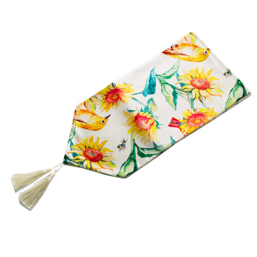 Drapeau de chemin de table de luxe en-Fleurs et oiseaux jaunes