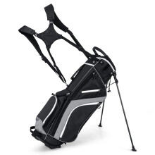 GYMAX Golf Stand Bag, 14 Way Golf Bag with 6 Pockets, Dual Shoulder Strap and Rain Hood, Lightweight Portable Golf Clubs Bag for Men Women (Grey)