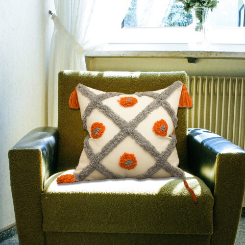 Oreiller touffeté gris orange pour étui avec pompon, coussin-2 2