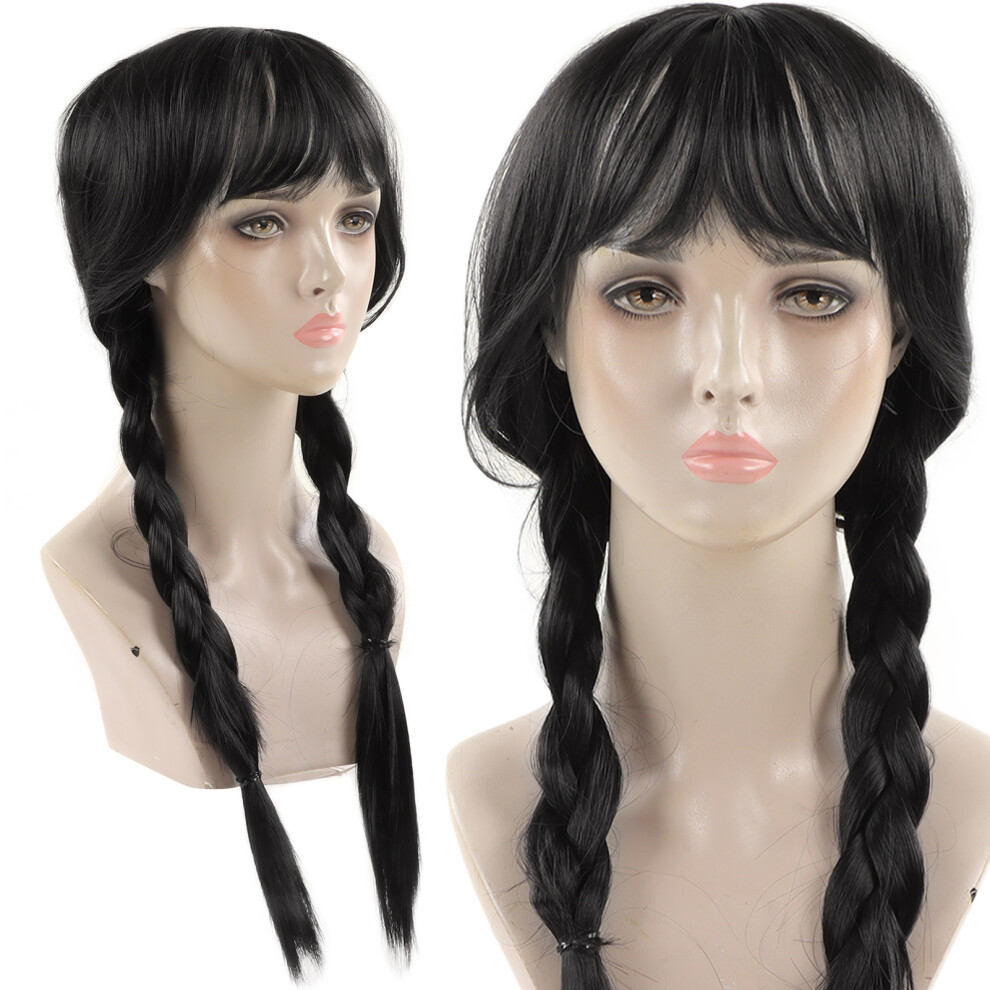 Unisex Black Long Double Braid Wig Synthetic For Cosplay Heat-Resistant With Bangs