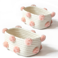 2X Cotton Woven Storage Basket Cute Pompom Decor Sundries Finishing Box Nordic Cosmetic Toys Organizer Frame S