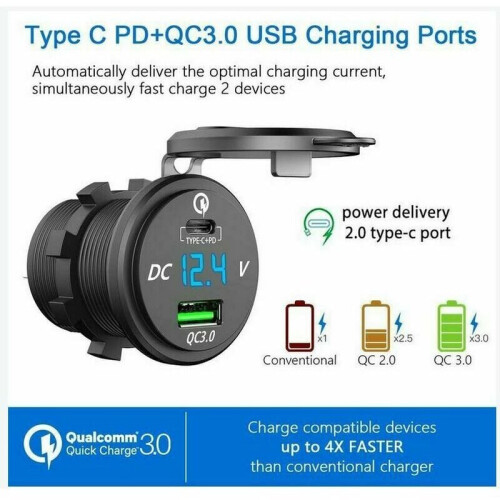 Διπλή υποδοχή USB PD, φορτιστής αυτοκινήτου USB C και υποδοχή φορτιστή QC3.0USB, γρήγορη 1