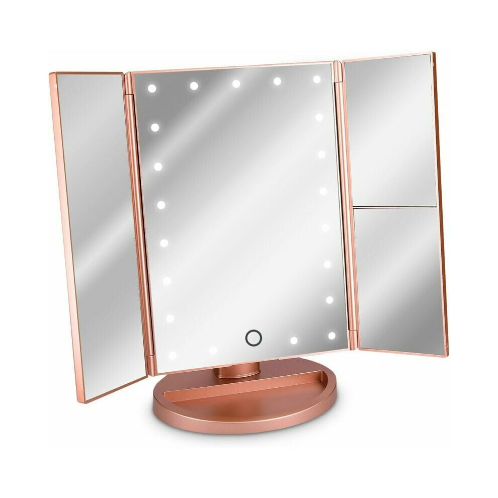 Gold Glamorous Rose Makeup Mirror With 21 Led Lights, Chargeable Travel Cosmetic Mirror For Desktop, Tri-Fold Vanity Mirror With Adjustable Touch