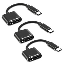 3X 2 In1 Type-C to 3.5mm Headphone Jack Adaptor/Connector Charger, Earphone Aux Audio & Charge Adaptor Black