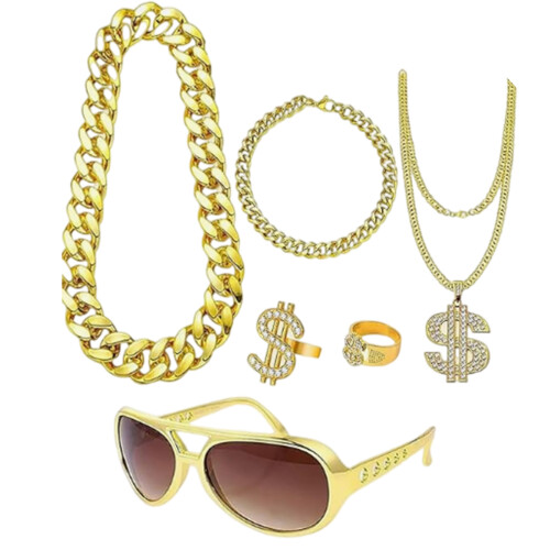 Brillen-Dollar-Zeichen-Halsketten und Ringe,