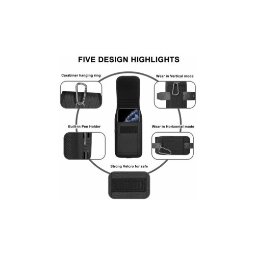 Estojo vertical para celular para smartphones de 4,5 a 6,5 polegadas, nylon resistente com clipe de cinto e mosquetão removível, estojo universal 2
