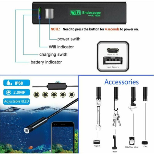 Endoscope innovant, caméra d'inspection étanche avec résolution HD 1920p, câble semi-rigide pour une utilisation flexible et durable, éclairage 2
