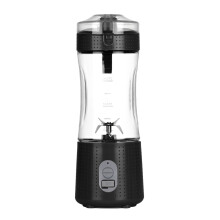 Liquidificador portátil com bateria integrada e operação com um único botão, ideal para smoothies e shakes, com copo para sucos.