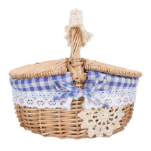 Storage Basket with Lid Handcrafted from Natural Rattan, Rural Picnic Basket with Removable Cotton Lining and Foldable Handle, Outdoor Storage Basket