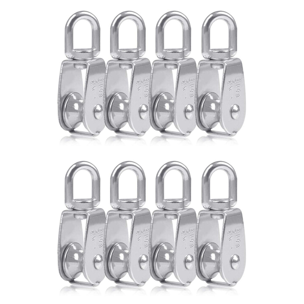 8Pcs Single Pulley Block M15 Stainless Steel Small Pulley Roller For Rope Cord In Outdoor 360Swivel Silver Pulley 4713951278102