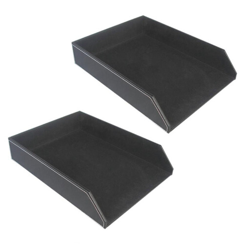 2X PU Leather Collection Letter Tray, Document Desk Organizer,Stackable Office File Document Tray Holder (Black)