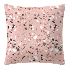 Vierkant sierkussen met abstract design, fluwelen kussen met geometrisch patroon en Engelse letters, roze terrazzo boho minimalistische accent voor