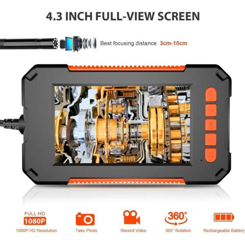 Câmera endoscópica com luz, câmera de inspeção HD 1080P com tela LCD de 4,3 polegadas e 8 LEDs ajustáveis, câmera boroscópica industrial à 2