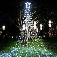 Cordão de luzes multicoloridas em formato de estrela para decoração natalina externa, luzes de árvore em cascata com 8 modos e função de