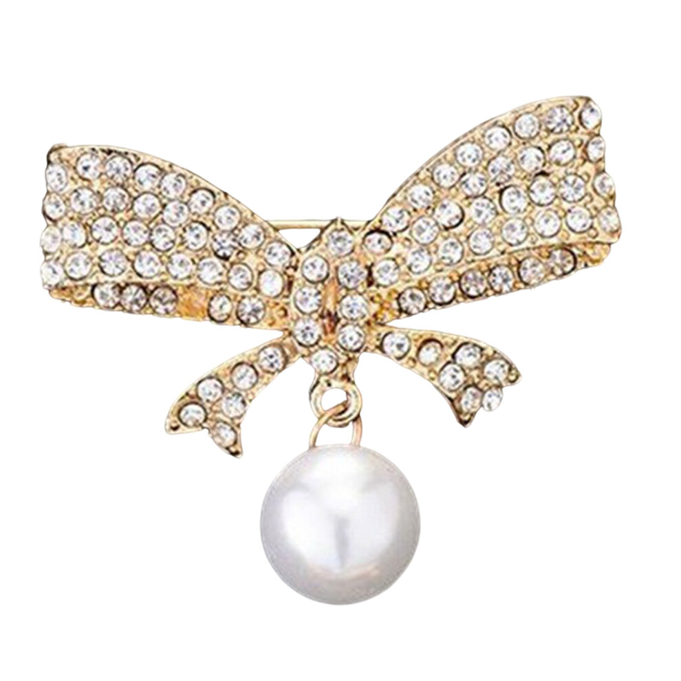 Golden Rhinestones Bowknot Jewelry Pin Alloy- Pearls