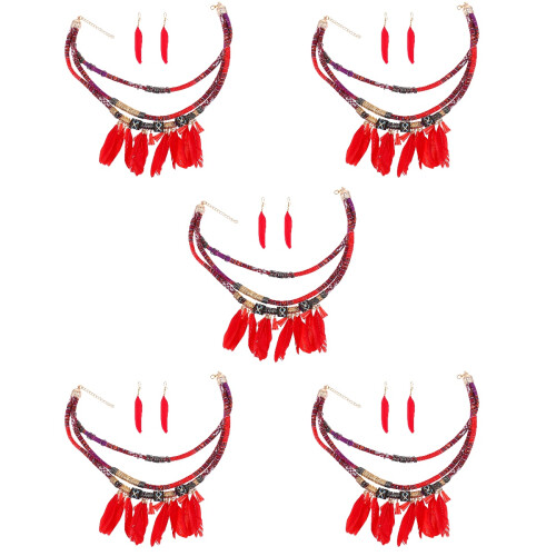 5Jgo Joyería Collar De Varias Capas Y Pendientes Con Pluma 2