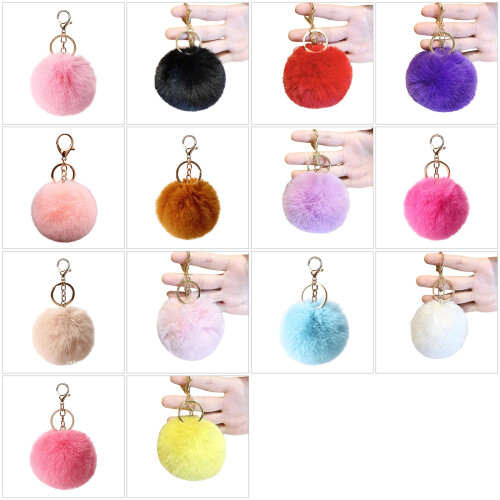 Fuzzy kunstbont sleutelhanger 8 cm pompon bal pompoms-Geel 1