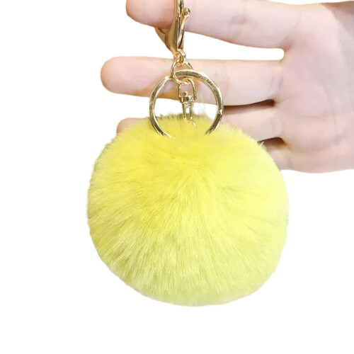 Fuzzy kunstbont sleutelhanger 8 cm pompon bal pompoms-Geel