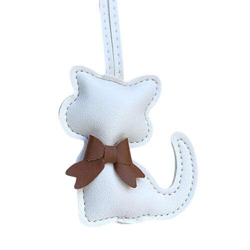 Porte-clés à breloques en cuir PU, Adorable chat, nœud-Blanc