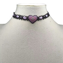 Soft Fabric Ribbon Necklace With Heart Detail And-Purple
