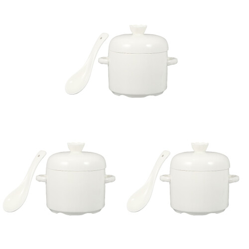 3Pcs Ceramic Stew Pots White Soup Bowls with Lid 2