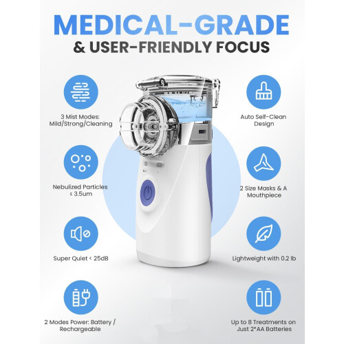 Adjustable Nebulization Rate Nebulizer, Quiet Working Portable Nebulizer with Rechargeable Battery, Compact Design for Easy Transportation 2