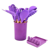 Utensílios de cozinha de silicone com cabo de madeira para proteção antiaderente, elegante conjunto roxo de 13 peças, fácil de guardar com