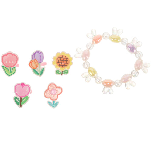 5Set Gioielli Per Bambina Set Anelli Fiore Bracciale Perline Colorate 1