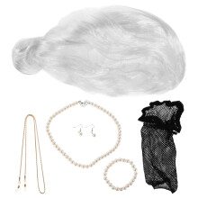 5Sets Realistische Grijze Pruik Met Ketting En Oorbellen