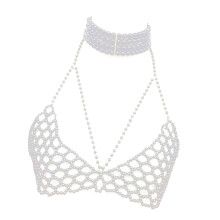 Portable Handmade Pearls Body Chain Adjustable Bra-White
