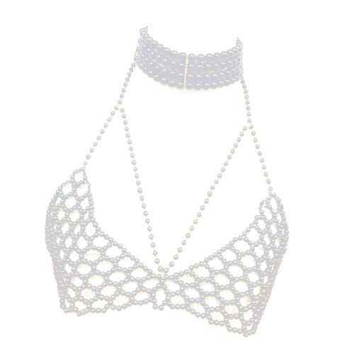 Portable Handmade Pearls Body Chain Adjustable Bra-White