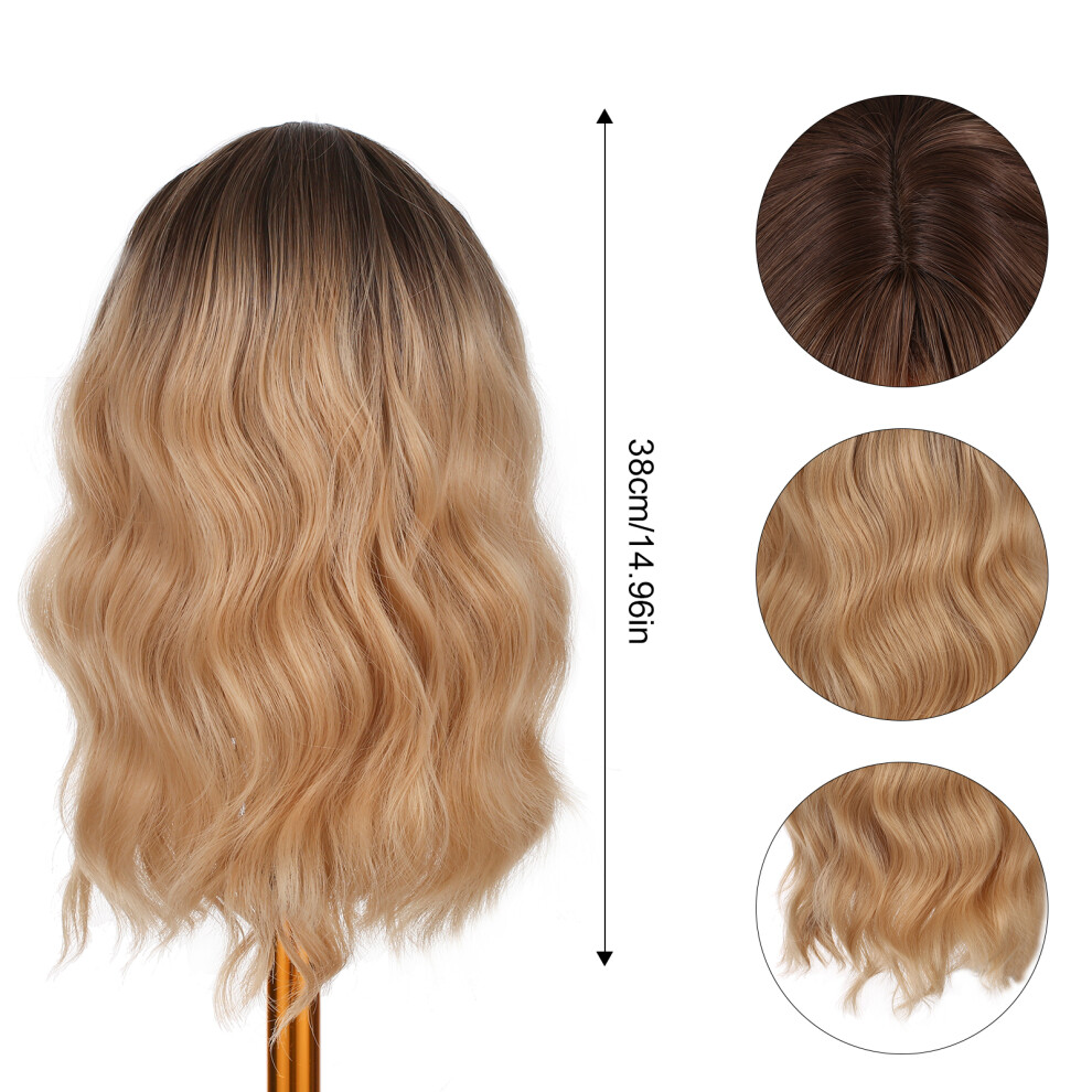 Unisex 38Cm Short Wavy Blonde Synthetic Wig With Bangs For Women, Heat Resistant