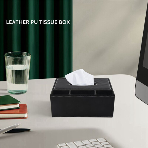 5X PU Tissue Box Remote Control Holder Multifunctional Desktop Organizer Pencil Scissor Container (Black) 1