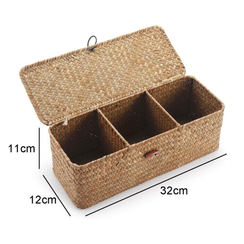 Rectangular Wicker Bin for Shelf Storage, Woven Rectangular Basket with Lid 3 Compartment Storage Basket with Lid for Organizing Cosmetics Books 1