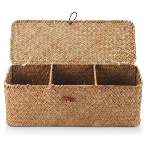 Rectangular Wicker Bin for Shelf Storage, Woven Rectangular Basket with Lid 3 Compartment Storage Basket with Lid for Organizing Cosmetics Books