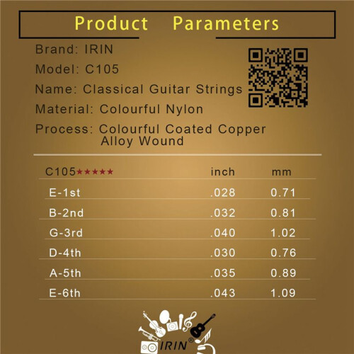 18x IRIN C105 Rainbow Guitar Strings Nylon Core Colorful Coated Copper Alloy Wound(.028-.043) 2