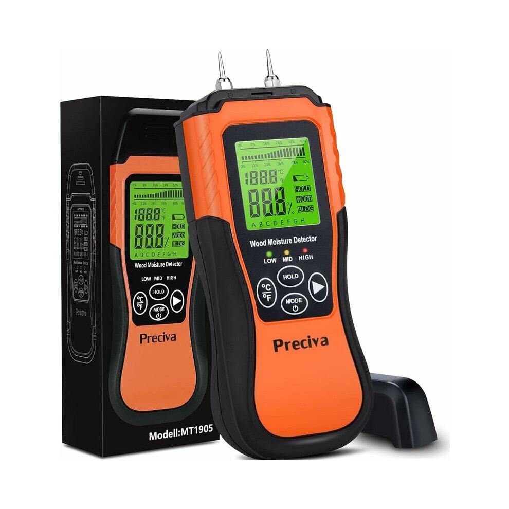 Temperature Detection Moisture Meter, Digital Pin-Type With Audible Alarm & Backlit Display For Wood, Walls, And Building Materials, Featuring 9358999334790