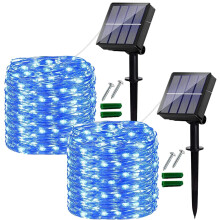 Levendige lichtmodi, Solar Kerstverlichting, 2 stuks, 120 LED's, 12 meter / 40 voet, blauwe koperdraad voor flexibele solar lichtslinger, automatisch