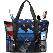 Bolso de mano plano de malla, bolso de playa plegable con 9 bolsillos inteligentes, base resistente para mujeres, diseño ligero a prueba de arena