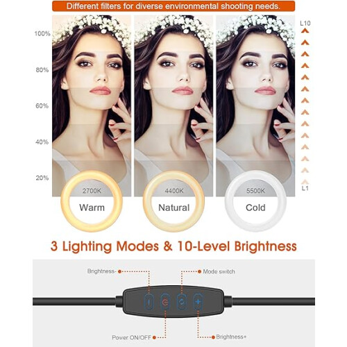 Anneau lumineux LED multi-scènes pour un éclairage diffus uniforme, température de couleur variable et luminosité réglable, support de 2