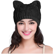 Wollstrickmütze für Damen, niedliche Teufelshornmütze mit lässigem Strickdesign, verstellbarer Gummizug für Katzenohren und multifunktional