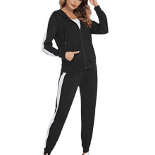 Hooded Tracksuit for Women, Ribbed Cuff Fashion Sweatshirt Set with Front Pockets, Lightweight Lounge Outfit with Contrasting Color Design, Hooded