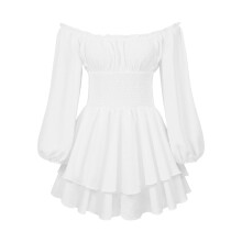 Casual Romper for Women, Ruffle Puff Sleeve A Line Off Shoulder Dress with Shorts, Flowy Smocked Corset Mini Jumpsuit, Elegant Princess French Dress