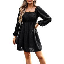 Abito arricciato da donna, mini abito casual con volant e dettagli a maniche lunghe, abito babydoll fluido con scollo quadrato e strati a balze, ampio