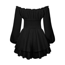 Romperkjole med pufærmer, skulderfri flæsekant, flagrende lagdelt jumpsuit med indbyggede shorts, smocket stretch højtaljet A-formet minikjole til