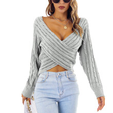 Damestrikkgenser med omslagsdesign i mykt stoff, Criss cross-krage, bare skulder-genser med V-hals, lange ermer, kabelstrikk, topper, ribbestrikk