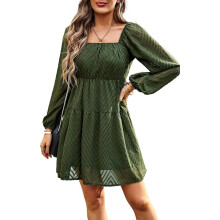 Flowy Dress for Girls, Long Sleeve Square Neck Ruffle Design Chiffon Short Dress with Elegant Waist Detail, Soft Fabric Casual Dress for Daily Wear