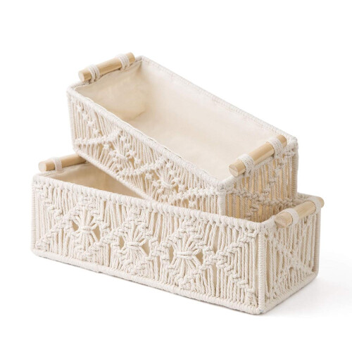 Macrame Storage Baskets, Boho Decor For Bathroom Bedroom, Decorative Storage Boxes With Metal Wireframe Support, Natural Cotton Rope Multipurpose 1