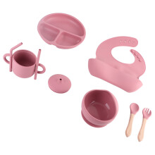 Backsteinrotes Silikon-Set für Babys: Teller, Schüssel, Lätzchen, Löffel & Gabel