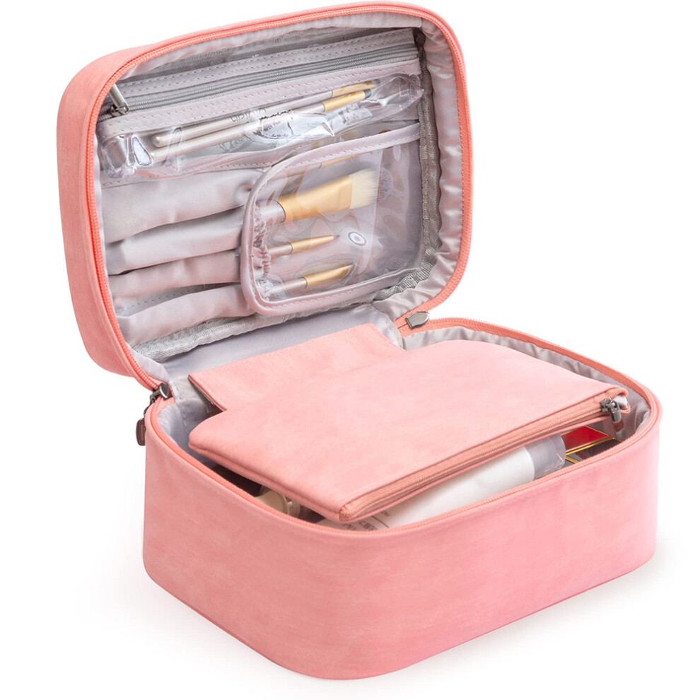 Peach Travel Makeup Bag, Premium Material Waterproof Pu, Nylon Lining, Water-Repellent Polyester Skin, Detachable Clutch Bonus For Portable Cosmetic